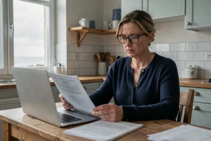 Femme comparant des offres d'assurance habitation sur un ordinateur portable dans une cuisine à Calais