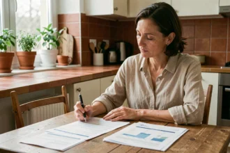 Femme comparant des contrats d'assurance habitation à sa table de cuisine