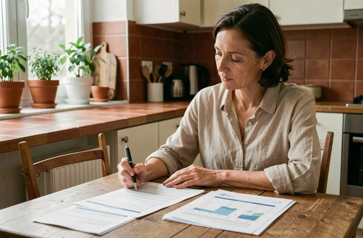 Femme comparant des contrats d'assurance habitation à sa table de cuisine