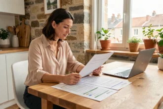 Femme comparant des offres d'assurance habitation sur des documents imprimés dans un appartement à Pau