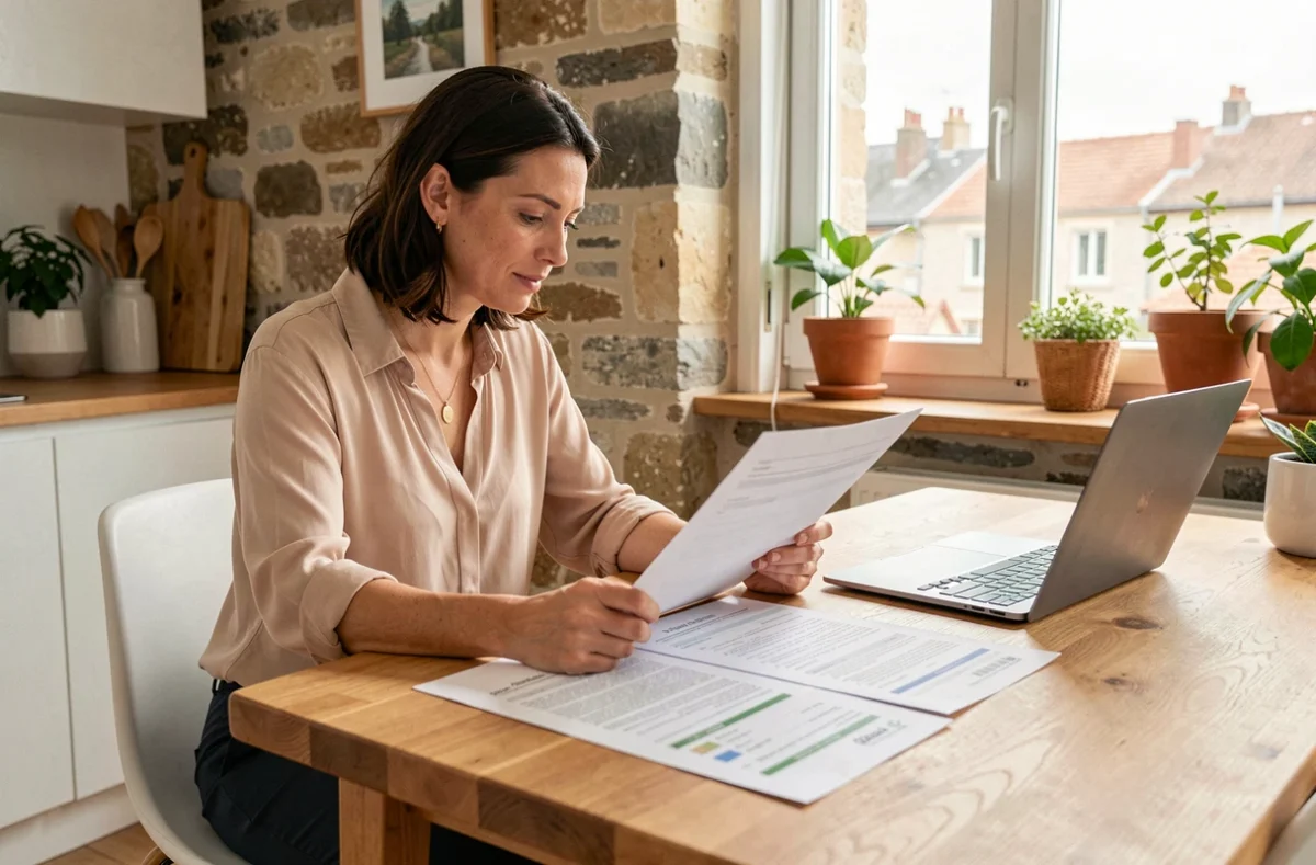 Femme comparant des offres d'assurance habitation sur des documents imprimés dans un appartement à Pau