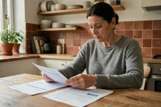 Femme comparant des contrats d'assurance habitation valeur à neuf à la table de sa cuisine