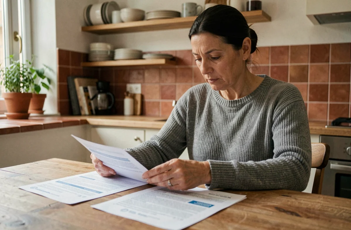 Femme comparant des contrats d'assurance habitation valeur à neuf à la table de sa cuisine
