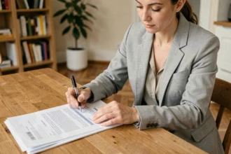 Femme signant un contrat d'assurance habitation obligatoire dans un appartement en location moderne