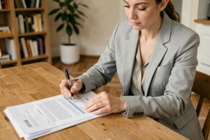 Femme signant un contrat d'assurance habitation obligatoire dans un appartement en location moderne