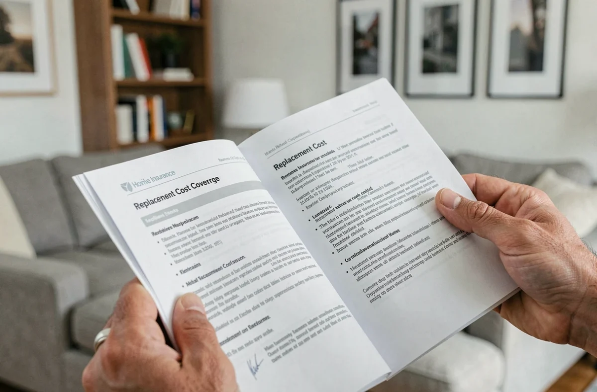 Gros plan sur les mains tenant un contrat d'assurance habitation valeur à neuf