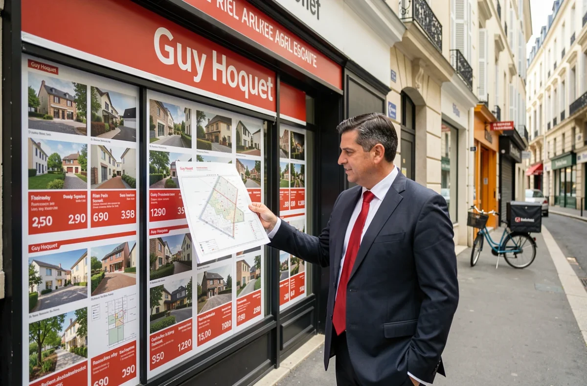 Devanture de l'agence Guy Hoquet avec enseigne rouge et blanche et un agent en costume sombre consultant un plan