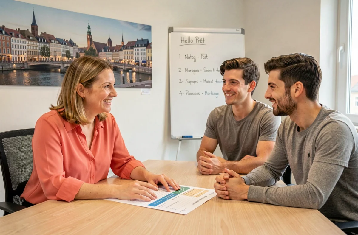 Courtière Hello Prêt expliquant les étapes d'un prêt immobilier à un jeune couple dans un bureau régional