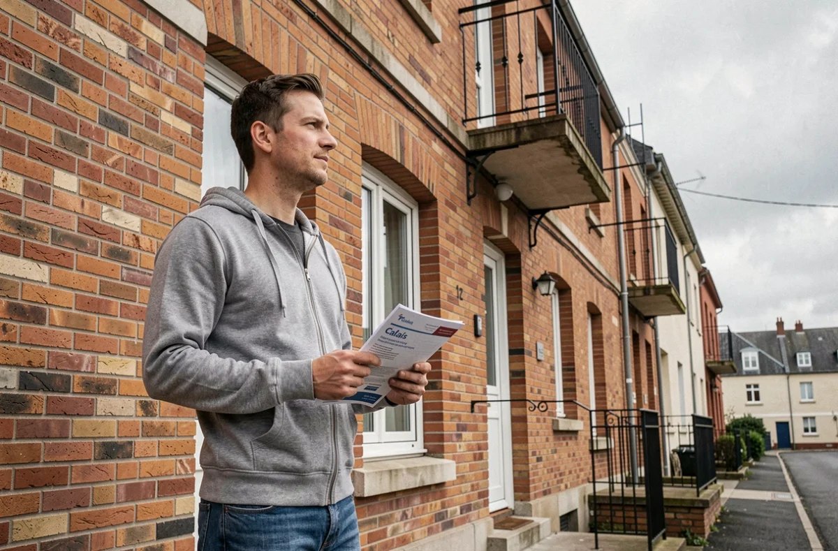 Homme tenant une brochure d'assurance devant un immeuble en brique typique de Calais