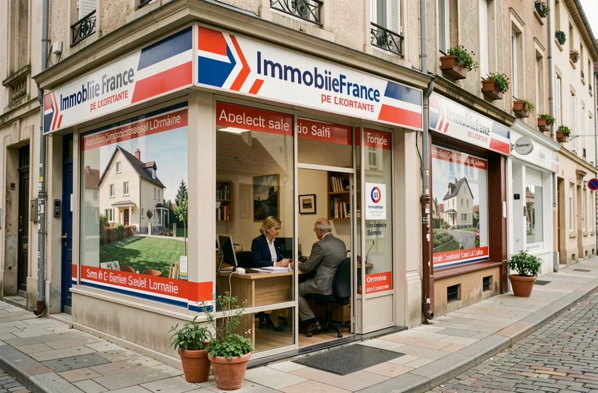 Façade de l'agence Immobilier de France avec son enseigne tricolore et une agente en rendez-vous client visible à travers la vitrine