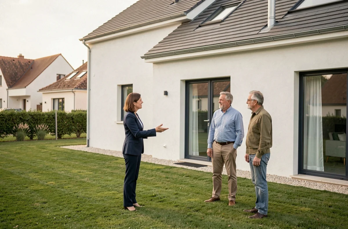 Agente immobilière présentant une maison neuve à un couple dans un lotissement de l'Aveyron