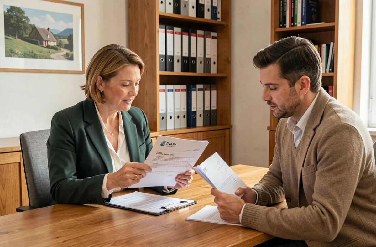 Courtière IN&FI Crédits Grand Est présentant les clauses d'un contrat de prêt immobilier à un client attentif