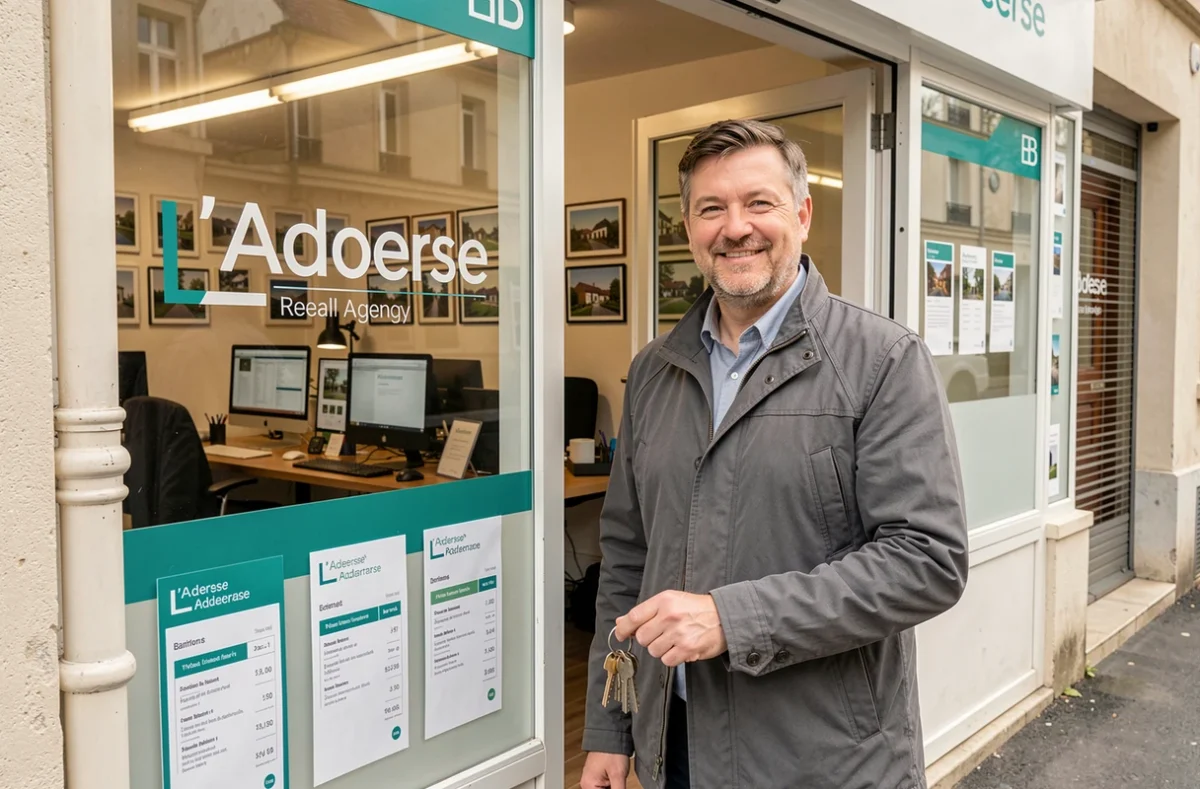 Agent de L'Adresse immobilier tenant des clés de maison devant la devanture avec l'enseigne turquoise et blanche
