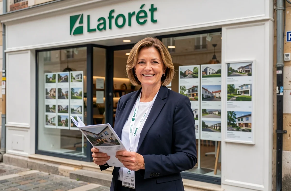 Agent immobilier Laforêt en blazer marine devant la vitrine de l'agence avec le logo vert et blanc visible