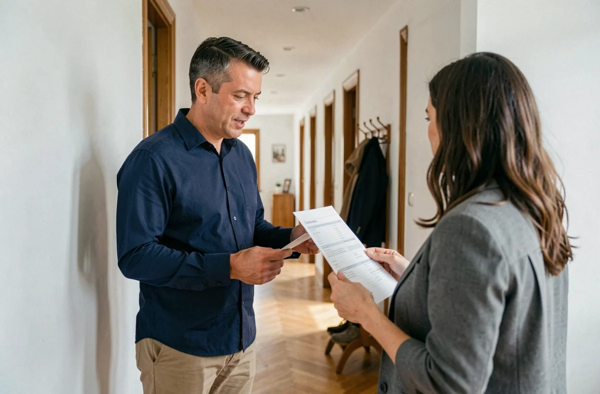 Locataire et agent immobilier consultant un document d'assurance obligatoire dans le couloir d'un appartement