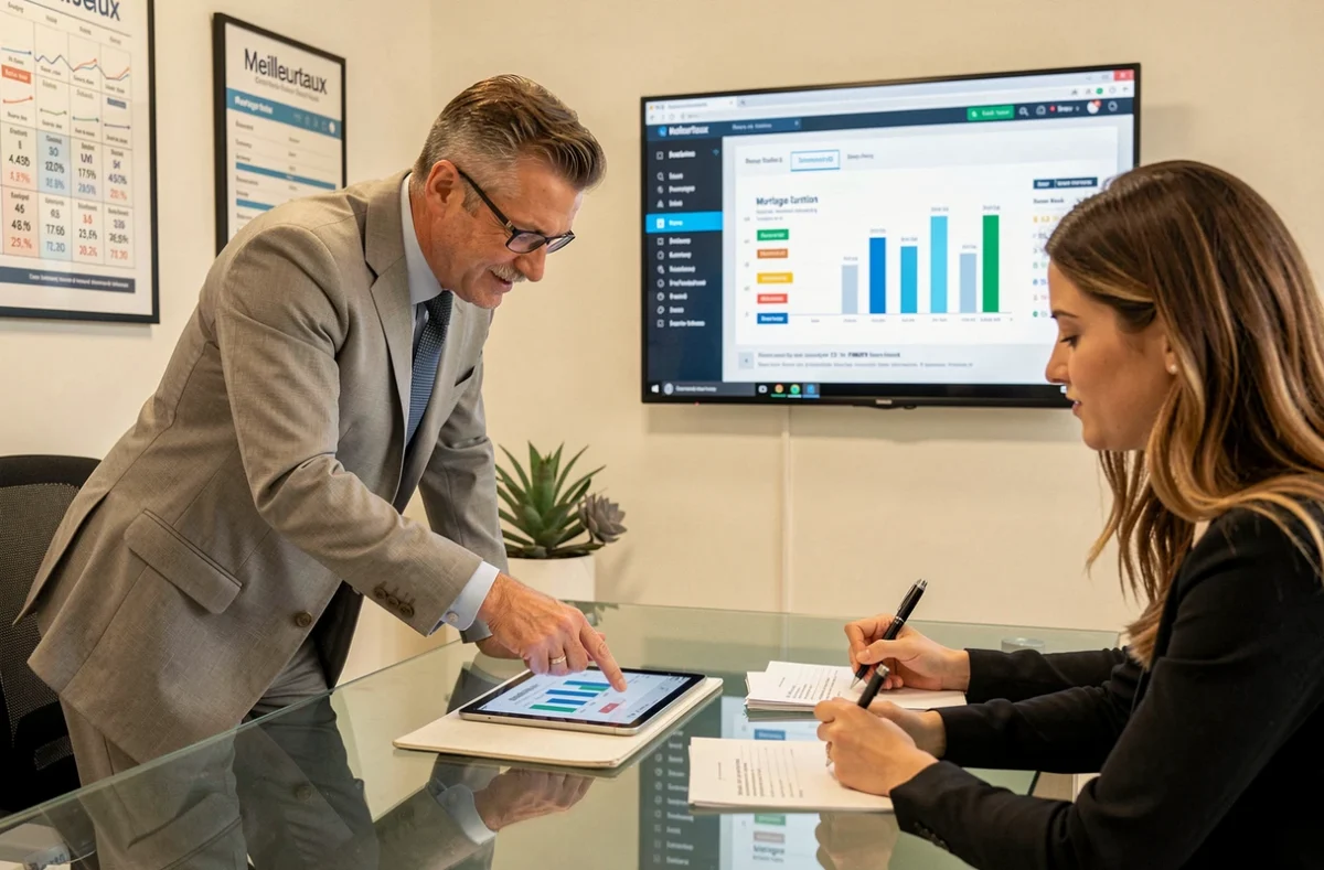 Courtier Meilleurtaux Grand Est présentant une simulation de prêt immobilier à une cliente sur tablette