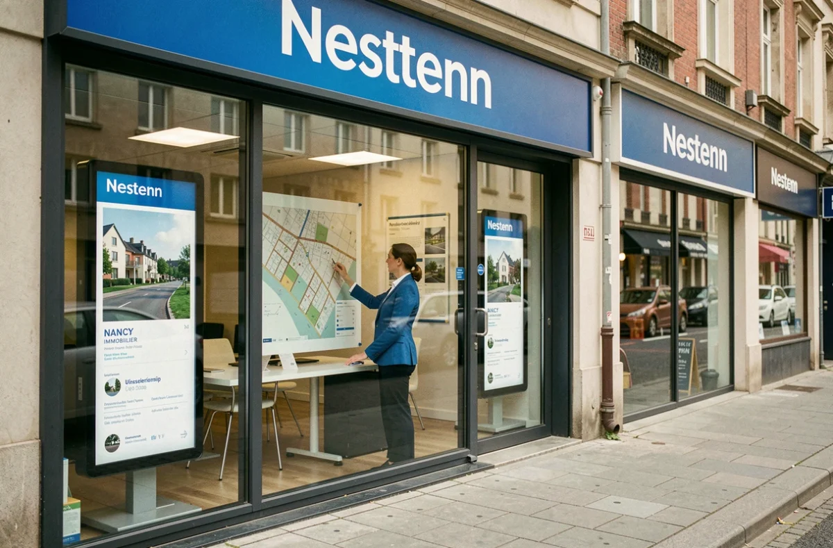 Vitrine moderne de Nestenn Immobilier Nancy avec une agente en blazer bleu montrant une carte de biens immobiliers