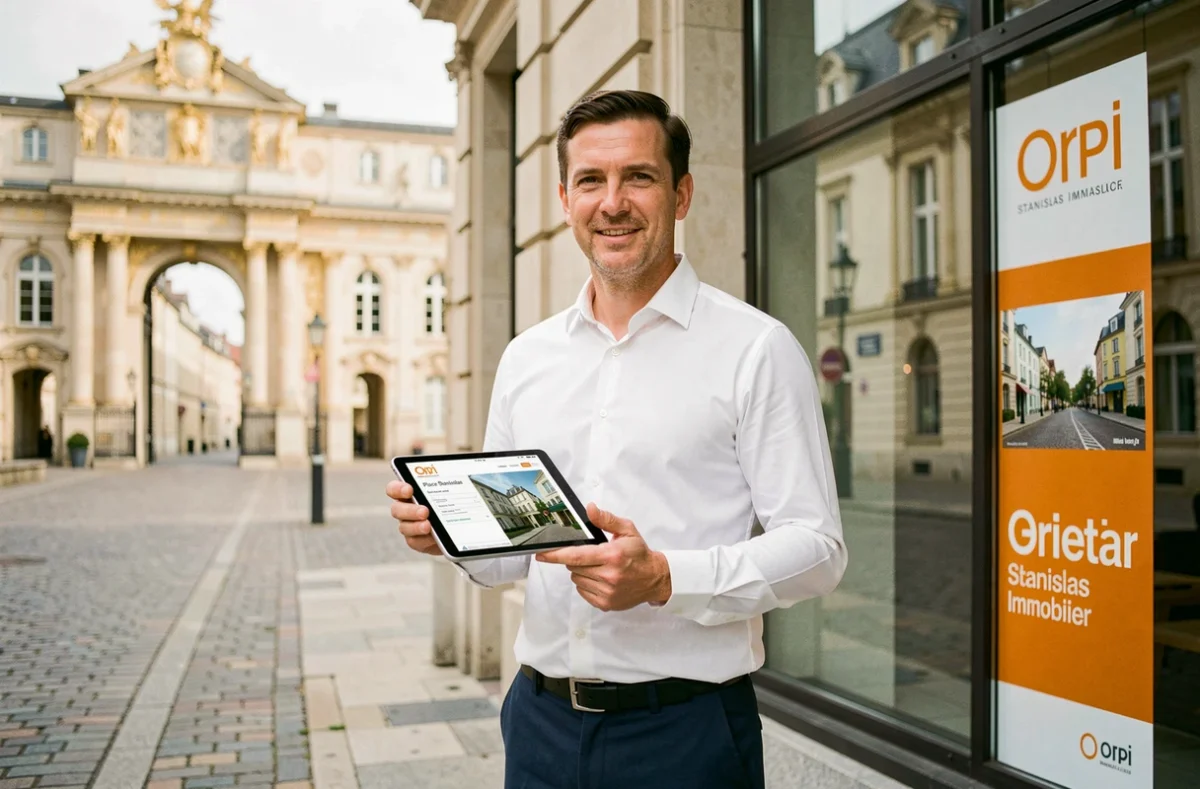 Consultant Orpi Stanislas Immobilier devant l'agence près de la Place Stanislas à Nancy avec tablette en main