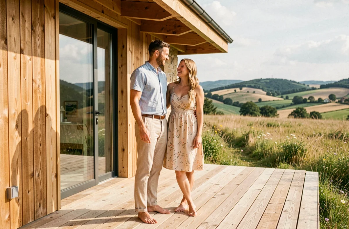 Couple pieds nus sur une terrasse en bois devant une maison contemporaine écologique en Aveyron