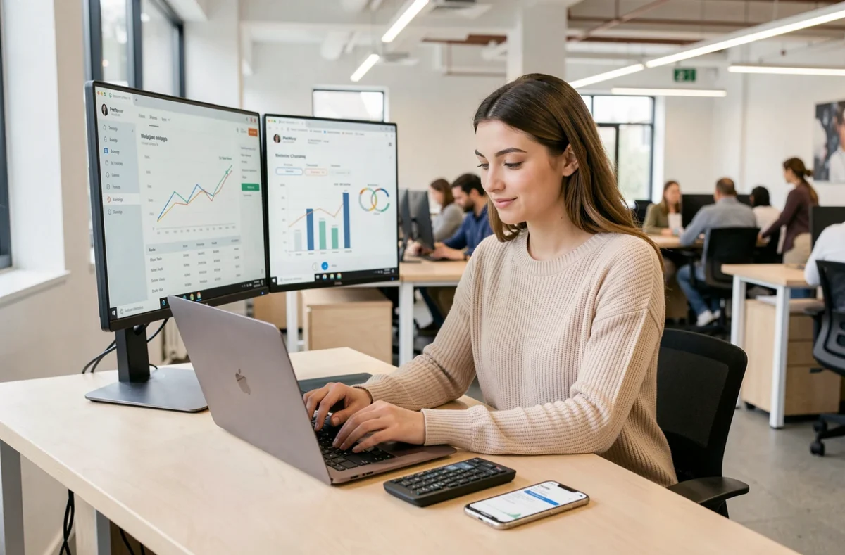 Jeune conseillère Pretto travaillant sur une demande de prêt immobilier en ligne dans un espace de travail moderne
