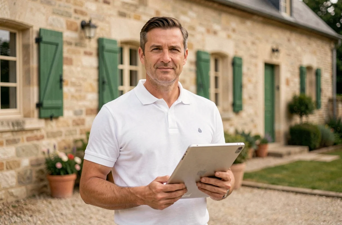Rémi Alaphilippe diagnostiqueur immobilier indépendant devant une maison à colombages dans la Loire