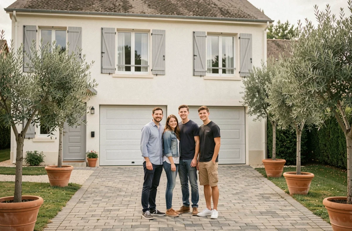 Famille devant leur maison individuelle neuve avec façade blanche et volets gris en Aveyron