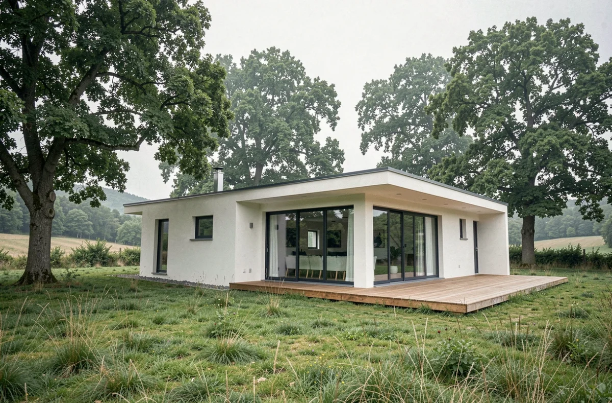 Maison de plain-pied moderne avec toit plat et grandes baies vitrées entourée de chênes en Aveyron