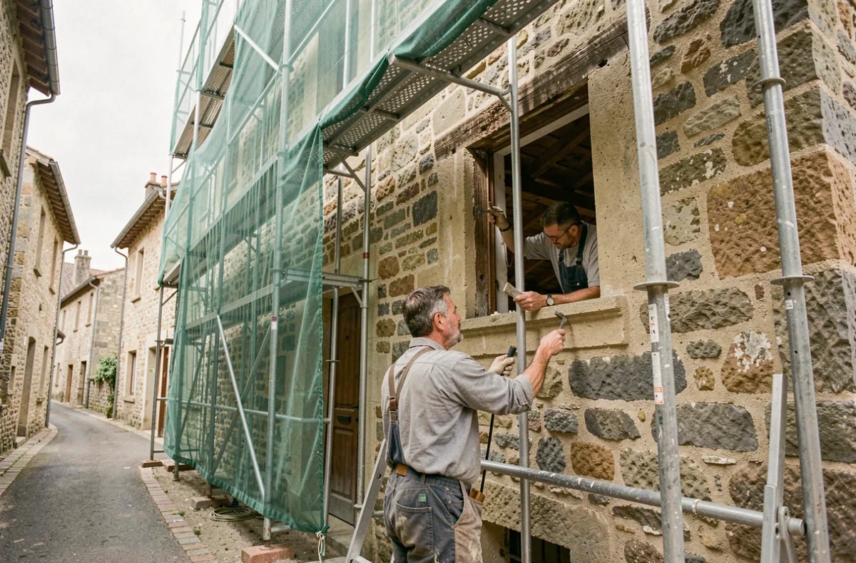 Artisans en train de restaurer une maison en pierre ancienne du patrimoine dans un village de l'Aveyron