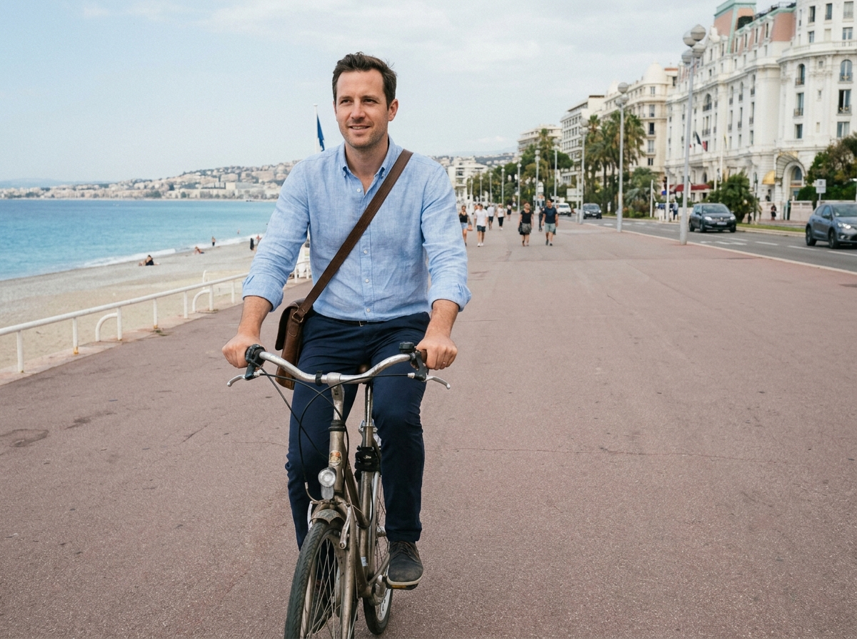 Homme en vélo sur la Promenade des Anglais à Nice lors de son trajet domicile-travail en centre-ville