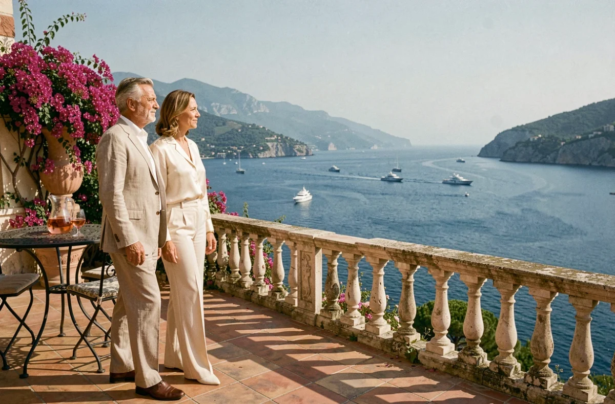 Couple fortuné admirant la vue depuis la terrasse d'une villa de luxe sur la Côte d'Azur avec panorama sur la Méditerranée