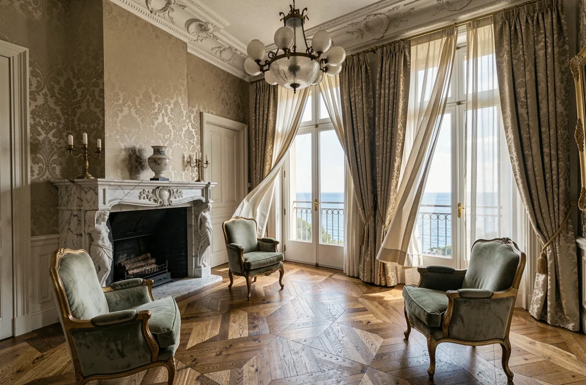 Salon intérieur luxueux de la Villa Leopolda avec vue panoramique sur la Méditerranée et mobilier Belle Époque