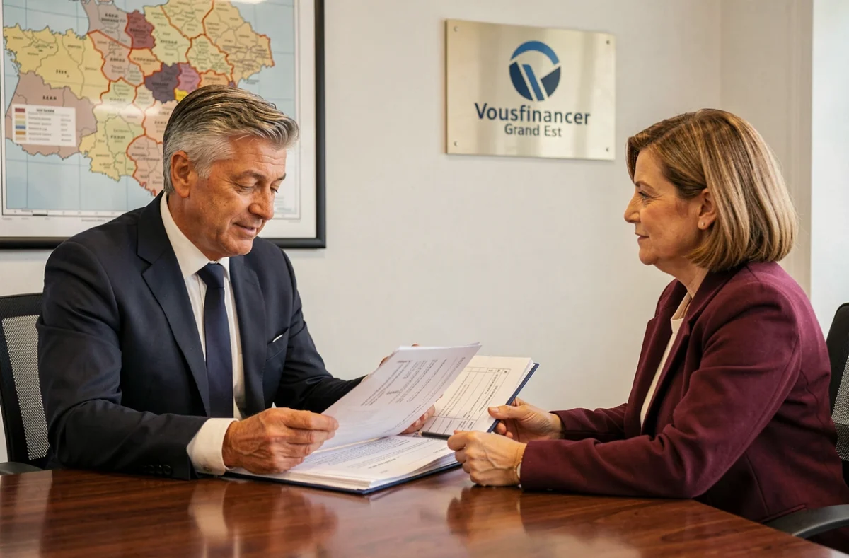 Courtier Vousfinancer Grand Est examinant un dossier de prêt immobilier avec une cliente autour d'une table de réunion