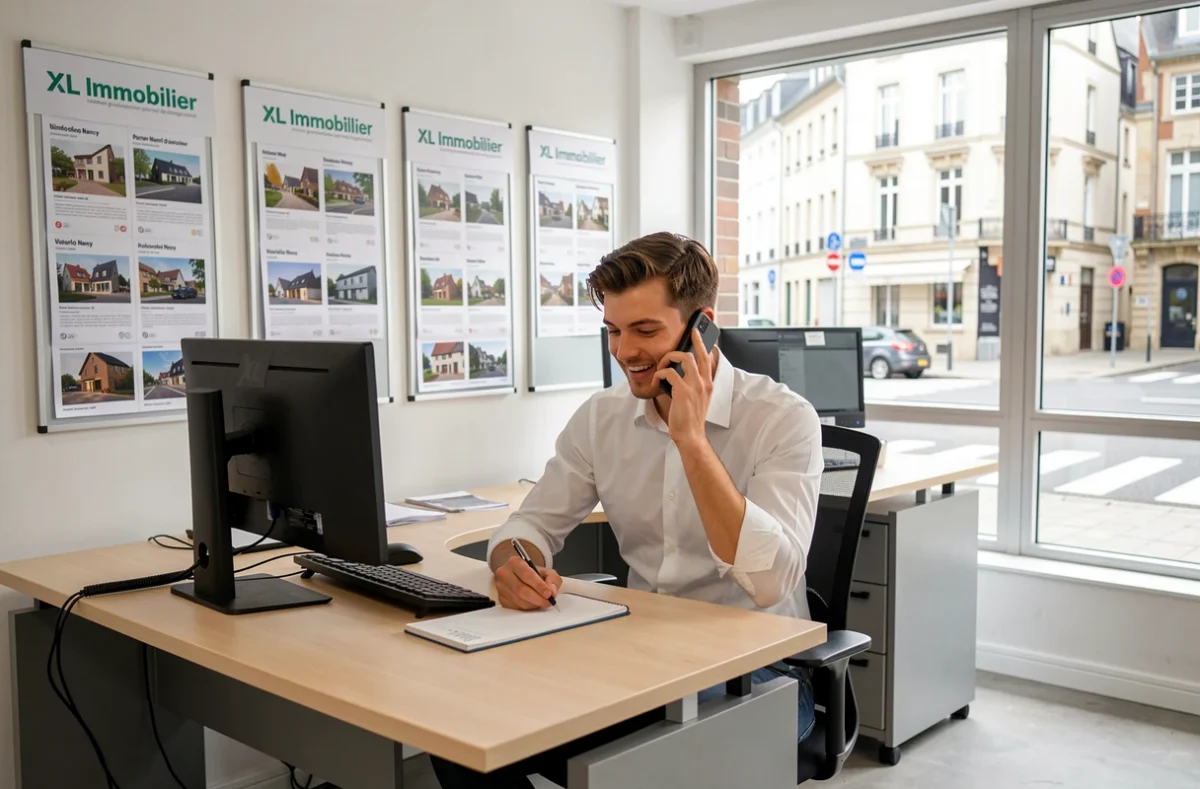 Intérieur moderne de l'agence XL Immobilier Nancy avec un agent au téléphone à son bureau entouré de listes de biens