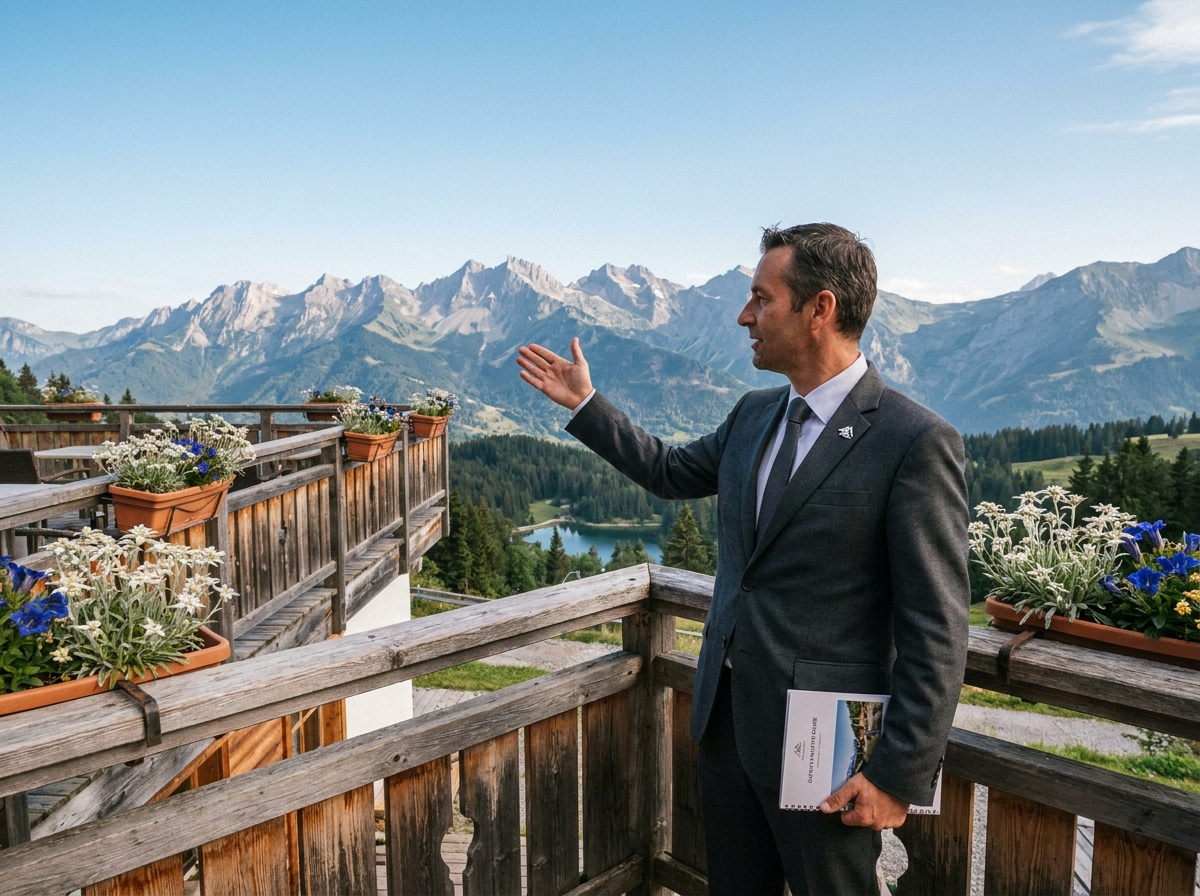 Concierge professionnel en Haute-Savoie présentant les activités locales depuis la terrasse d'un chalet de luxe avec panorama sur les Aravis