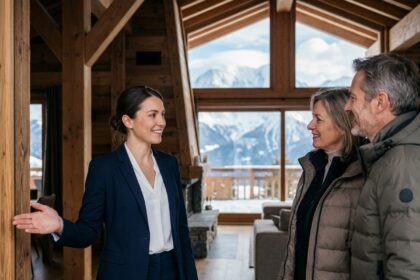 Conciergerie de luxe en Haute-Savoie : hôtesse accueillant des clients à l'entrée d'un chalet alpin avec vue sur le Mont Blanc