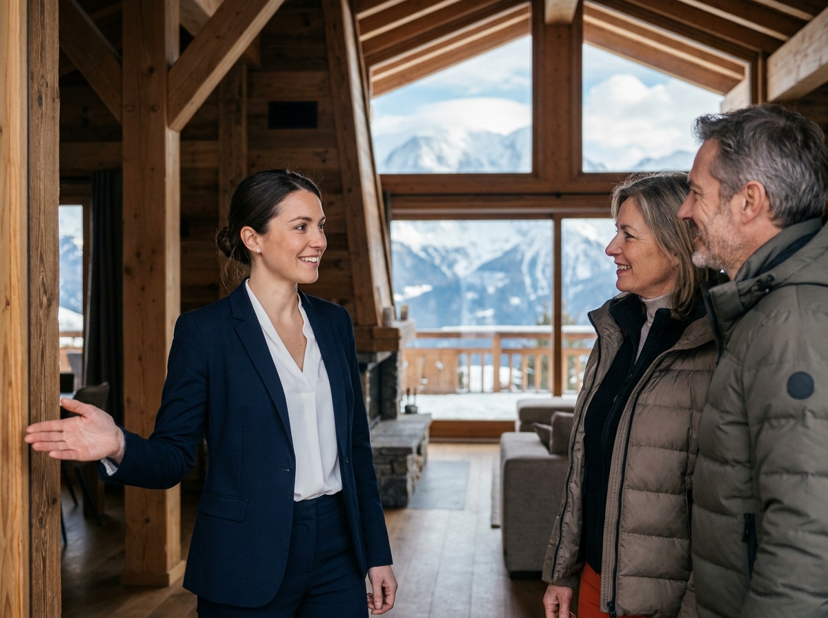 Conciergerie de luxe en Haute-Savoie : hôtesse accueillant des clients à l'entrée d'un chalet alpin avec vue sur le Mont Blanc