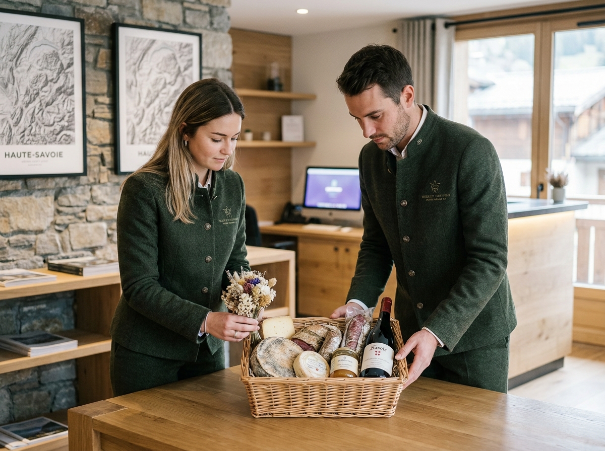 Équipe de conciergerie en Haute-Savoie préparant un panier de bienvenue avec des produits locaux savoyards dans un bureau de gestion de propriété à Megève