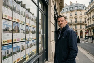 Homme consultant les annonces immobilières en vitrine d'une agence en zone tendue urbaine