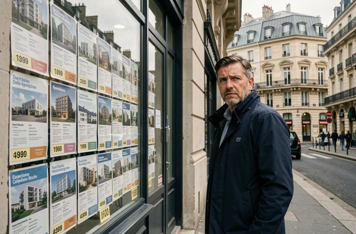 Homme consultant les annonces immobilières en vitrine d'une agence en zone tendue urbaine